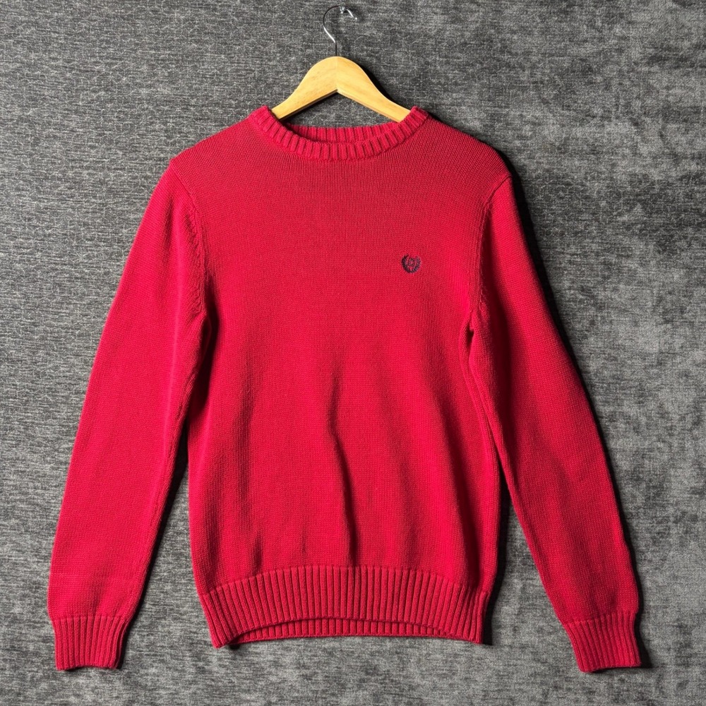 Chaps Mens Red Cotton Knit Crewneck Sweater Size Small Embroidered Logo Preppy